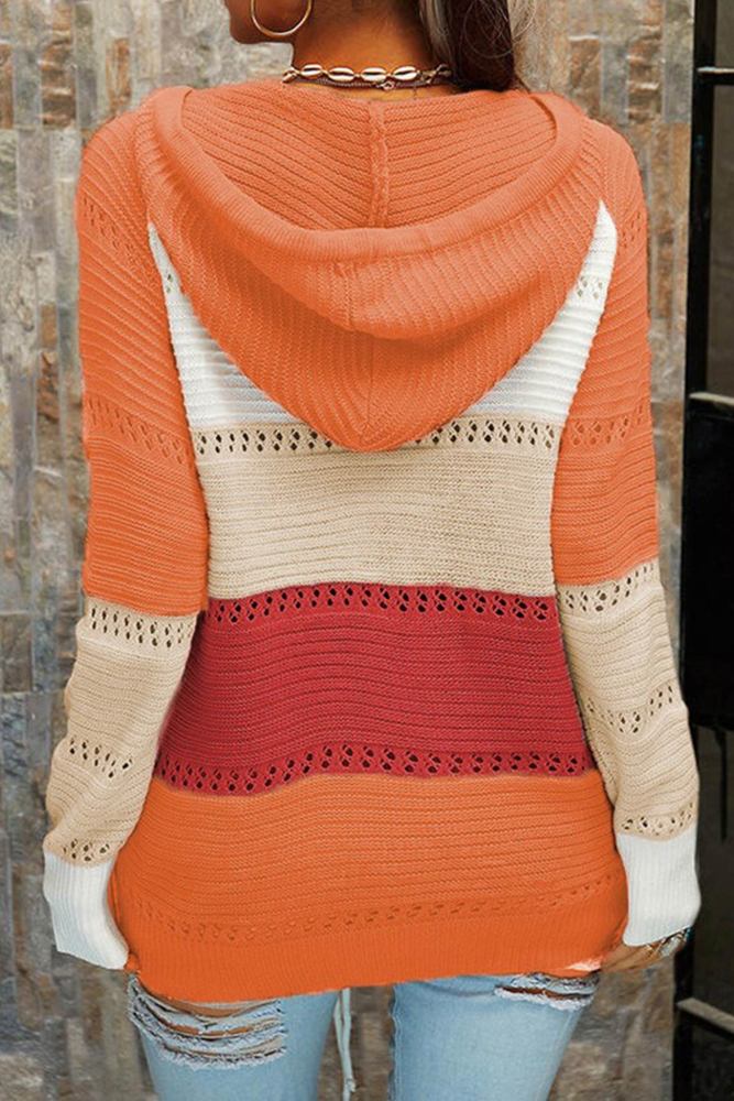 Contrast Color Patchwork Tie-up Hooded Sweater