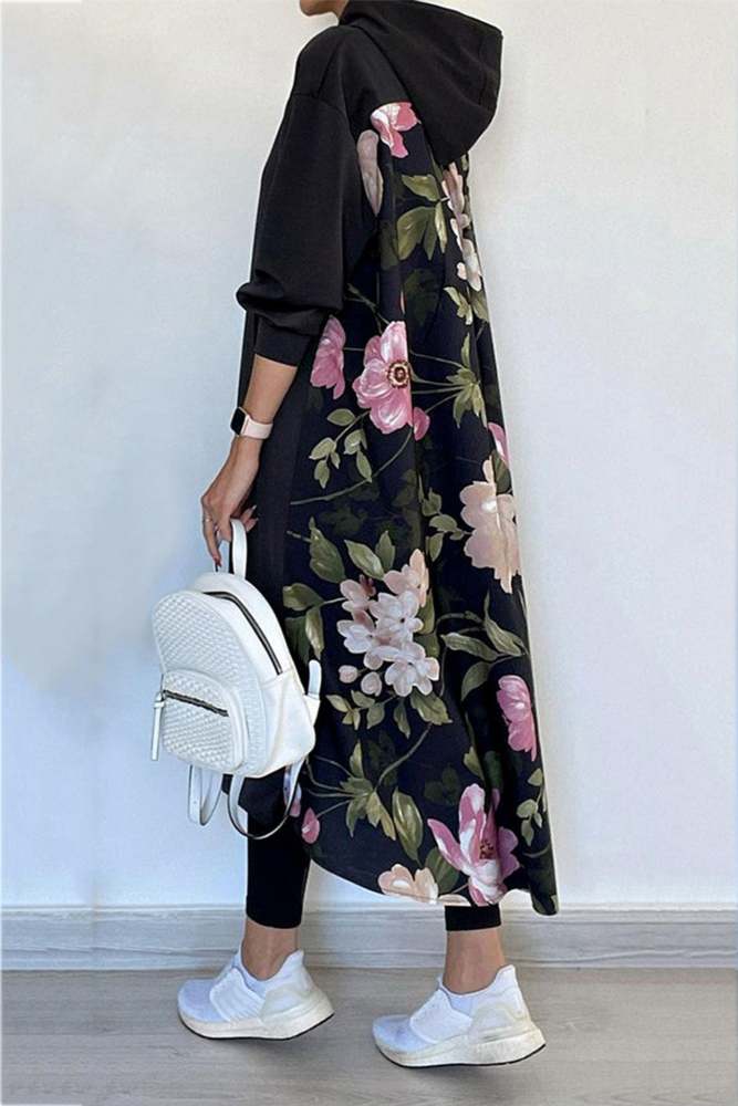 Back Floral Print Patchwork Cotton Long Hoodie