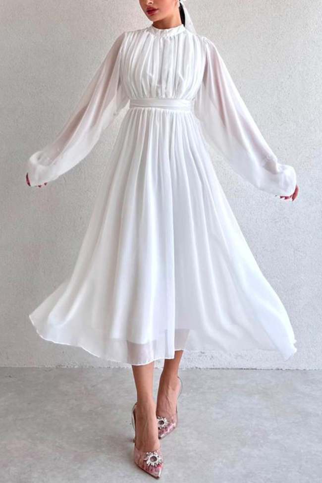Mock Neck High Waist Pleated Midi Dress