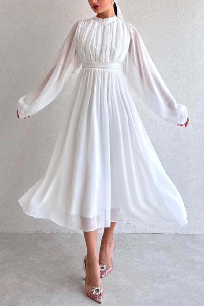 Mock Neck High Waist Pleated Midi Dress