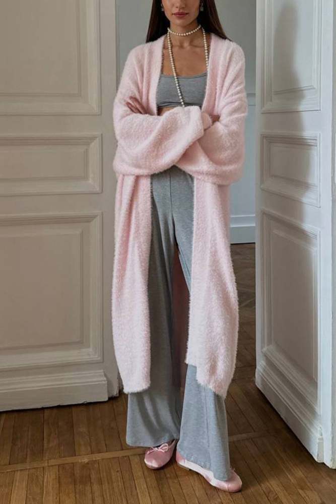 Solid Imitation Mink Tie-up Long Cardigan