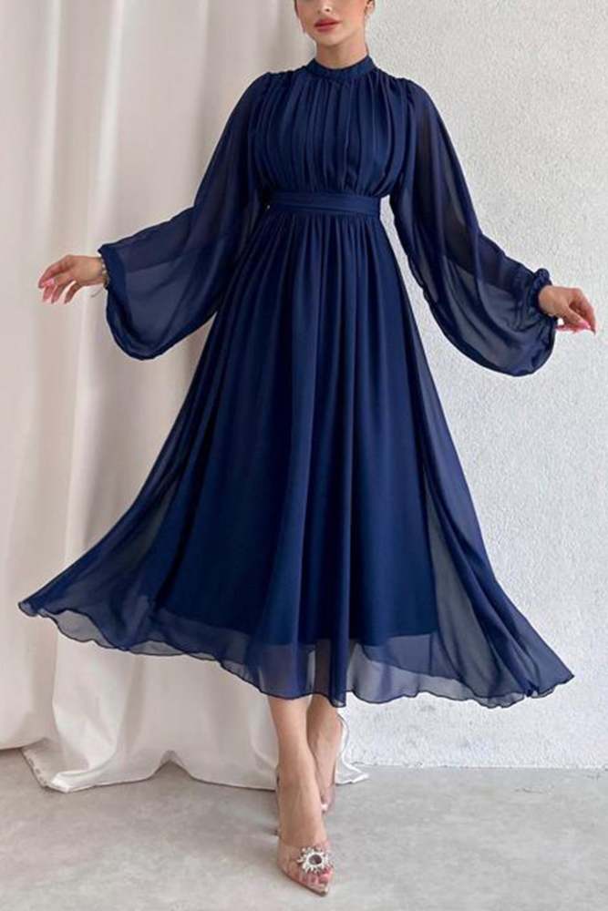 Mock Neck High Waist Pleated Midi Dress
