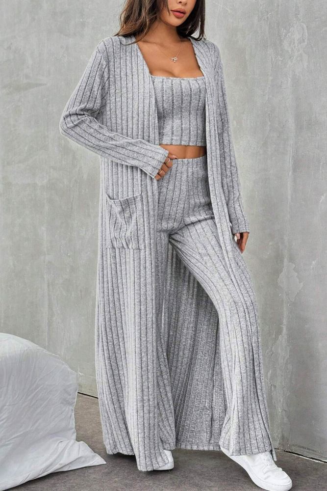 Grey Ribbed Knit Cardigan Three-piece Set
