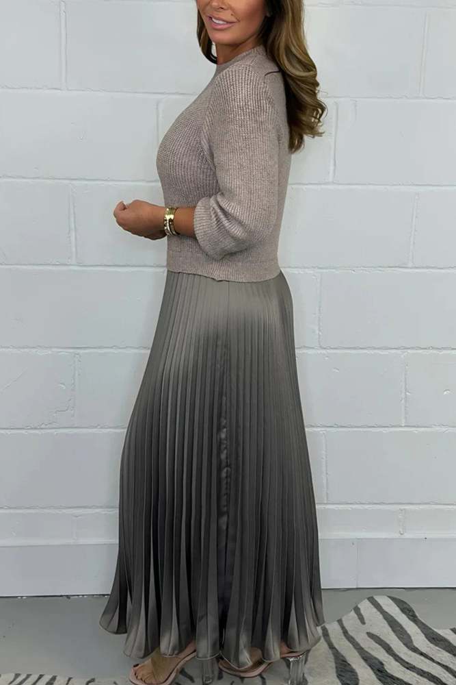 Long Sleeve Knit Patchwork Pleated Maxi Dress