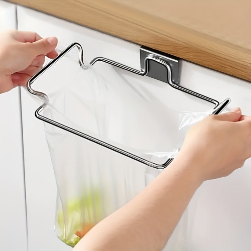 1pc\u002F2pcs Stainless Steel Trash Bag Holder, Over Cabinet Door Hanging Garbage Bag Storage Rack, Towel Hooks, Kitchen Accessory & Tool, Modern Style, Durable & Space-Saving
