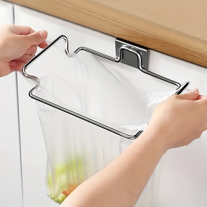 1pc\u002F2pcs Stainless Steel Trash Bag Holder, Over Cabinet Door Hanging Garbage Bag Storage Rack, Towel Hooks, Kitchen Accessory & Tool, Modern Style, Durable & Space-Saving