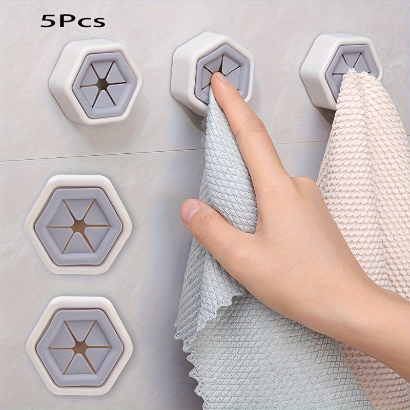 A set of 5 hexagonal towel hooks, creative face towel storage plugs, hole-free rag storage rack, multi-purpose home kitchen accessories, Utility Hooks