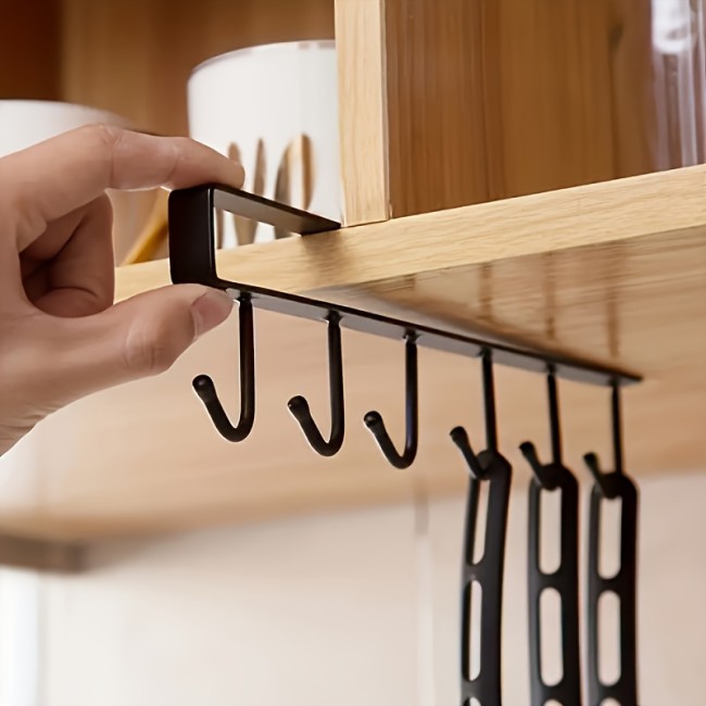 1pc Multifunctional Kitchen Storage Rack, One Thing, Multiple Uses Storage Artifact! Includes 6 Hooks, Glass Cup Holder + Storage Rack + Clothes Hanger, Start Organizing Your Kitchen from It, Utility Hooks