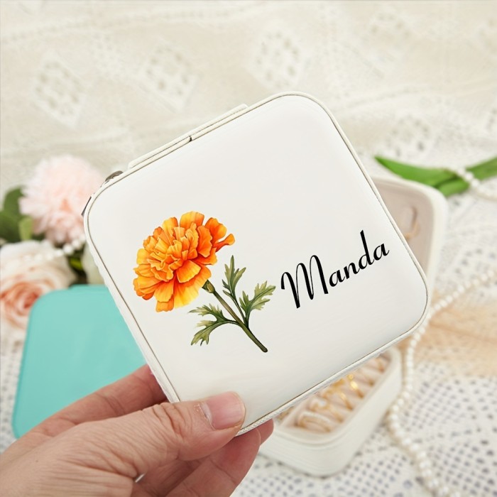 Customizable Name Leather Jewelry Box, Personalized Birthday Flower Design, Versatile Storage Case for Bridesmaid Gift, Birthday, Valentine'S Day Present, Classic Style, Rectangular, Snap Closure, Plastic Interior, No Power Required, Jewelry Boxes