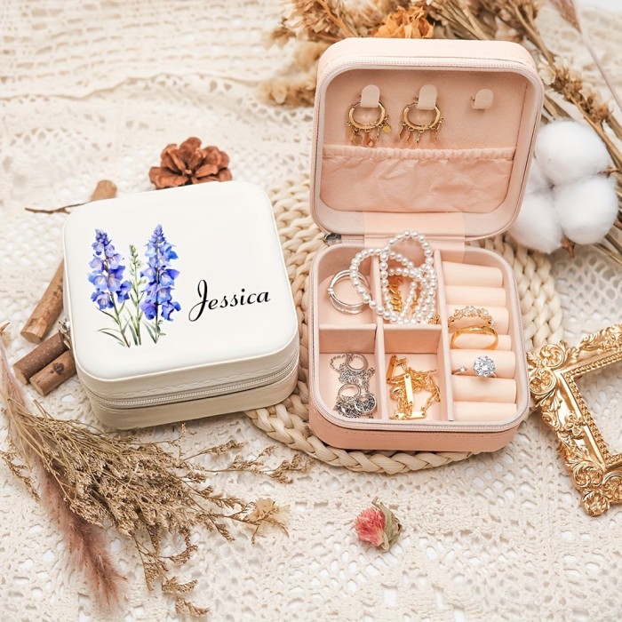 Customizable Name Leather Jewelry Box, Personalized Birthday Flower Design, Versatile Storage Case for Bridesmaid Gift, Birthday, Valentine'S Day Present, Classic Style, Rectangular, Snap Closure, Plastic Interior, No Power Required, Jewelry Boxes