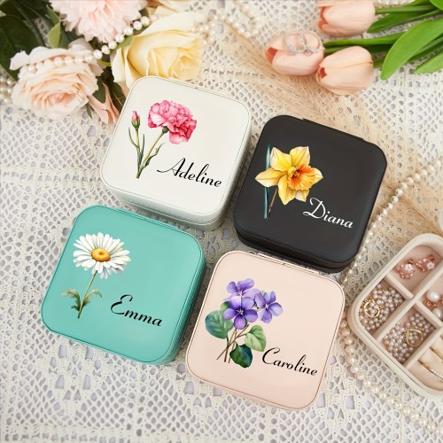 Customizable Name Leather Jewelry Box, Personalized Birthday Flower Design, Versatile Storage Case for Bridesmaid Gift, Birthday, Valentine'S Day Present, Classic Style, Rectangular, Snap Closure, Plastic Interior, No Power Required, Jewelry Boxes