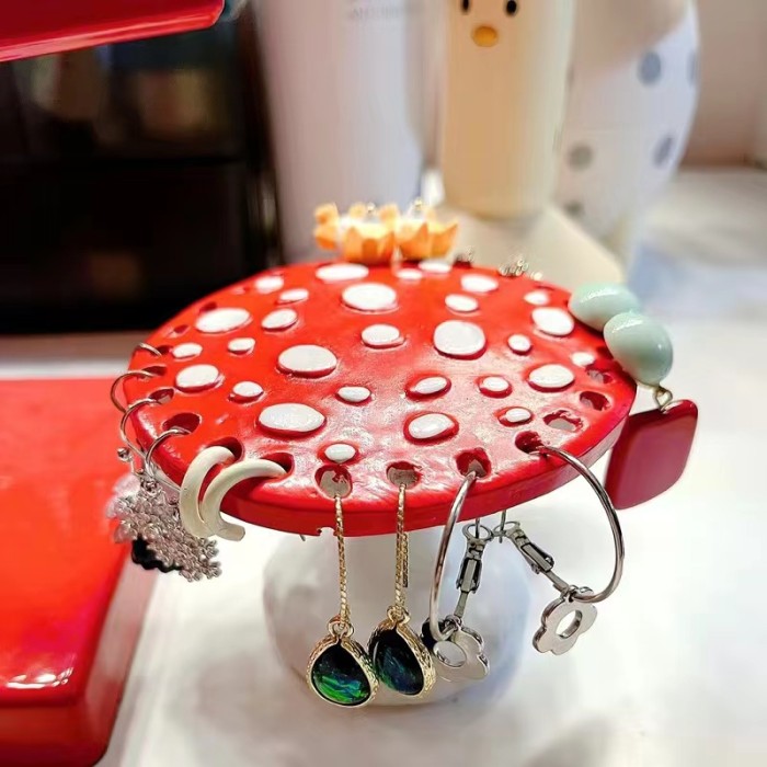 1pc New Resin Mushroom Earring Holder, Table Storage Ornaments Decoration Display Rack For Jewelry, Red Mushroom Design Jewelry Organizer
