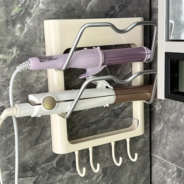 Easy-Install No-Drill Wall Mount Hair Straightener Holder - Space-Saving Bathroom Organizer for Curling Irons & Flat Irons, Durable Plastic, Utility Hooks