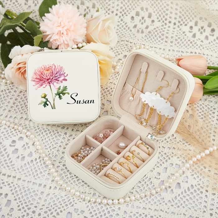Customizable Name Leather Jewelry Box, Personalized Birthday Flower Design, Versatile Storage Case for Bridesmaid Gift, Birthday, Valentine'S Day Present, Classic Style, Rectangular, Snap Closure, Plastic Interior, No Power Required, Jewelry Boxes