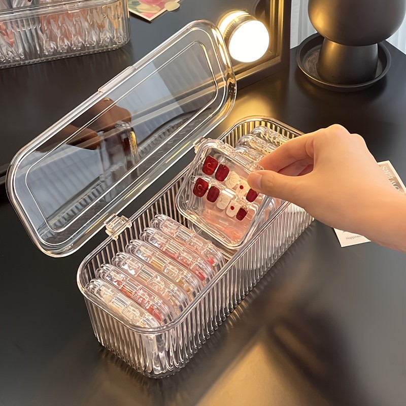 Striped Box\u002FStriped Box + 14pcs Combination Set Nail Storage Box, Acrylic, Dustproof, with Lid, Nail Packaging Box, Special Sealed Box for Handmade Nail Plate Organization, Baskets, Bins & Containers for Home Organization
