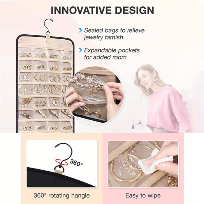 Dual-sided Hanging Jewelry Organizer with 360 degree rotating hanger, for Earring Bracelet Ring Chain with Rotating Hanger
