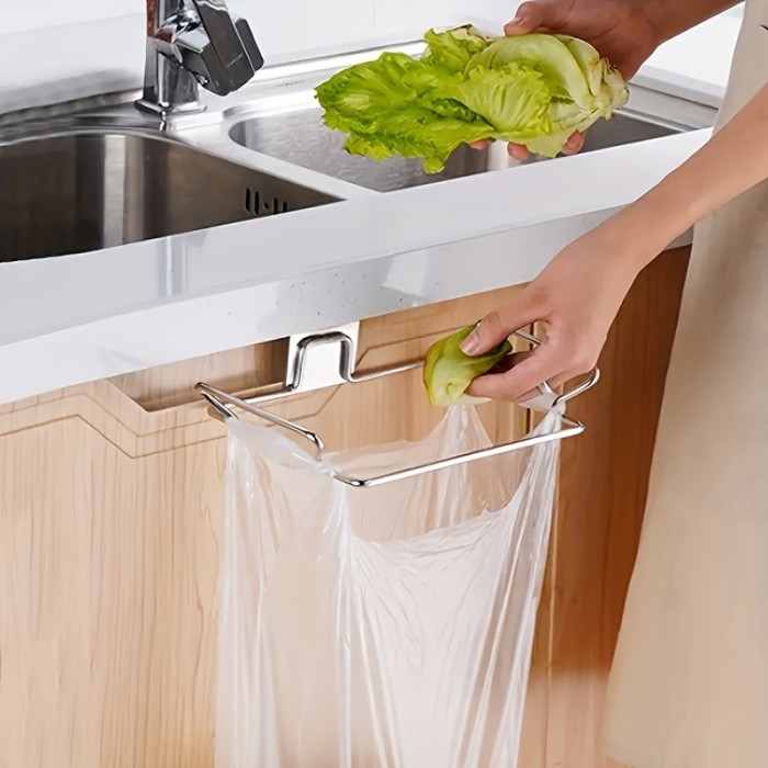1pc\u002F2pcs Stainless Steel Trash Bag Holder, Over Cabinet Door Hanging Garbage Bag Storage Rack, Towel Hooks, Kitchen Accessory & Tool, Modern Style, Durable & Space-Saving