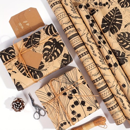 4rolls Botanical Print Double-Sided Gift Wrapping Paper, Kraft Paper Material For Artistic Gift Packaging, Beautify And Packing Gifts, Essential For Decor