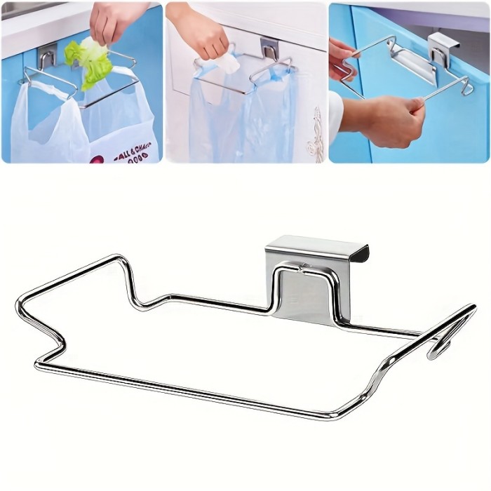 1pc\u002F2pcs Stainless Steel Trash Bag Holder, Over Cabinet Door Hanging Garbage Bag Storage Rack, Towel Hooks, Kitchen Accessory & Tool, Modern Style, Durable & Space-Saving