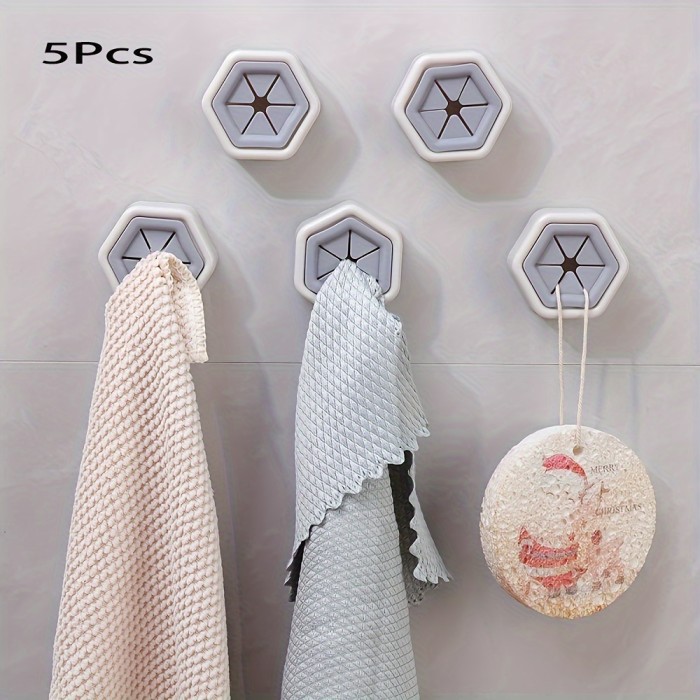 A set of 5 hexagonal towel hooks, creative face towel storage plugs, hole-free rag storage rack, multi-purpose home kitchen accessories, Utility Hooks