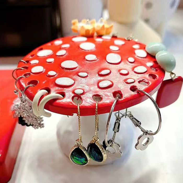 1pc New Resin Mushroom Earring Holder, Table Storage Ornaments Decoration Display Rack For Jewelry, Red Mushroom Design Jewelry Organizer