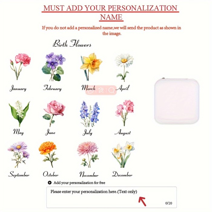 Customizable Name Leather Jewelry Box, Personalized Birthday Flower Design, Versatile Storage Case for Bridesmaid Gift, Birthday, Valentine'S Day Present, Classic Style, Rectangular, Snap Closure, Plastic Interior, No Power Required, Jewelry Boxes