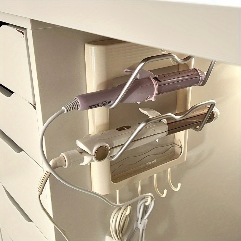 Easy-Install No-Drill Wall Mount Hair Straightener Holder - Space-Saving Bathroom Organizer for Curling Irons & Flat Irons, Durable Plastic, Utility Hooks