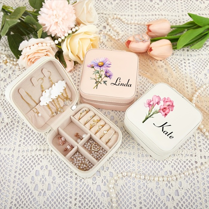 Customizable Name Leather Jewelry Box, Personalized Birthday Flower Design, Versatile Storage Case for Bridesmaid Gift, Birthday, Valentine'S Day Present, Classic Style, Rectangular, Snap Closure, Plastic Interior, No Power Required, Jewelry Boxes