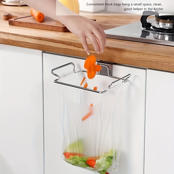 1pc\u002F2pcs Stainless Steel Trash Bag Holder, Over Cabinet Door Hanging Garbage Bag Storage Rack, Towel Hooks, Kitchen Accessory & Tool, Modern Style, Durable & Space-Saving