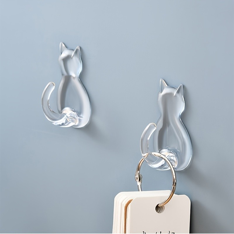2\u002F10pcs Cat Tail Sticky Hooks Wall Mounted, Cartoon Free Punching Transparent Waterproof Sticky Hooks, Household Space Saving Storage Organizer For Entryway, Bathroom, Bedroom, Home, Dorm