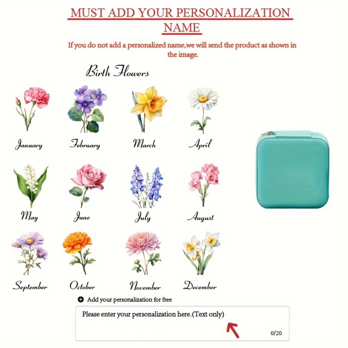 Customizable Name Leather Jewelry Box, Personalized Birthday Flower Design, Versatile Storage Case for Bridesmaid Gift, Birthday, Valentine'S Day Present, Classic Style, Rectangular, Snap Closure, Plastic Interior, No Power Required, Jewelry Boxes