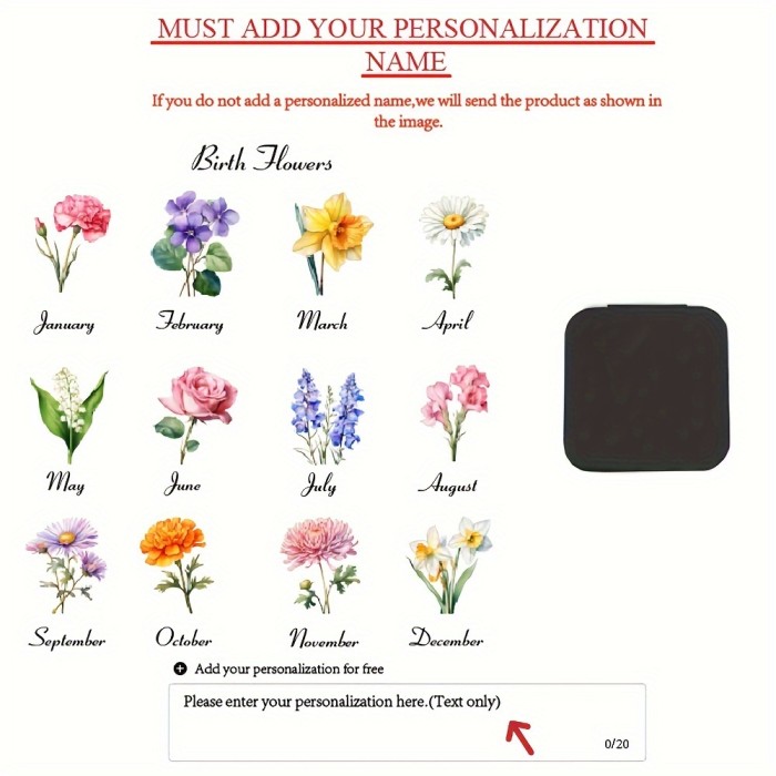 Customizable Name Leather Jewelry Box, Personalized Birthday Flower Design, Versatile Storage Case for Bridesmaid Gift, Birthday, Valentine'S Day Present, Classic Style, Rectangular, Snap Closure, Plastic Interior, No Power Required, Jewelry Boxes