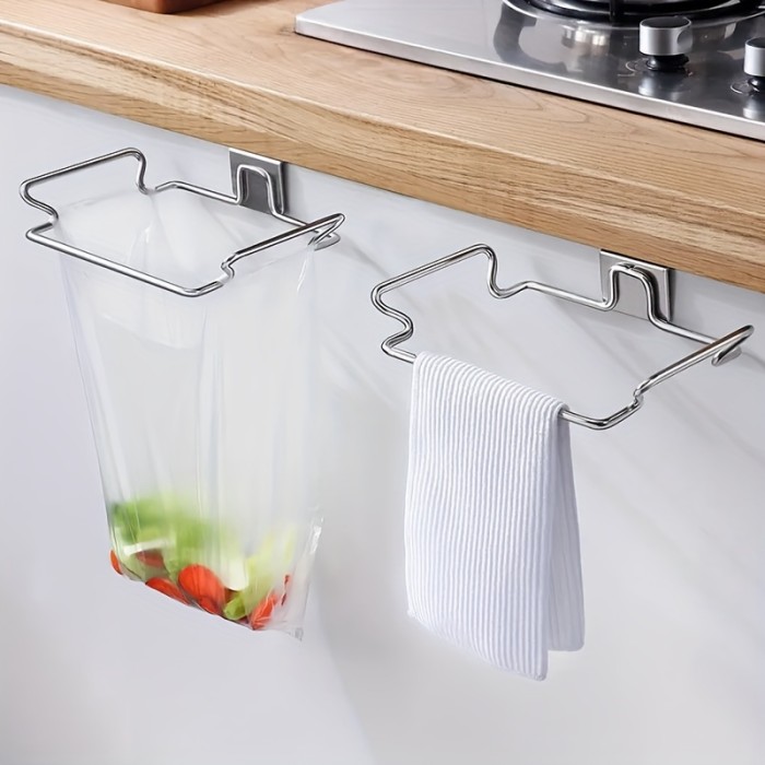 1pc\u002F2pcs Stainless Steel Trash Bag Holder, Over Cabinet Door Hanging Garbage Bag Storage Rack, Towel Hooks, Kitchen Accessory & Tool, Modern Style, Durable & Space-Saving