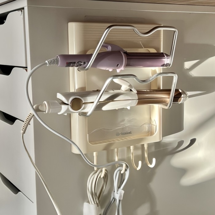 Easy-Install No-Drill Wall Mount Hair Straightener Holder - Space-Saving Bathroom Organizer for Curling Irons & Flat Irons, Durable Plastic, Utility Hooks