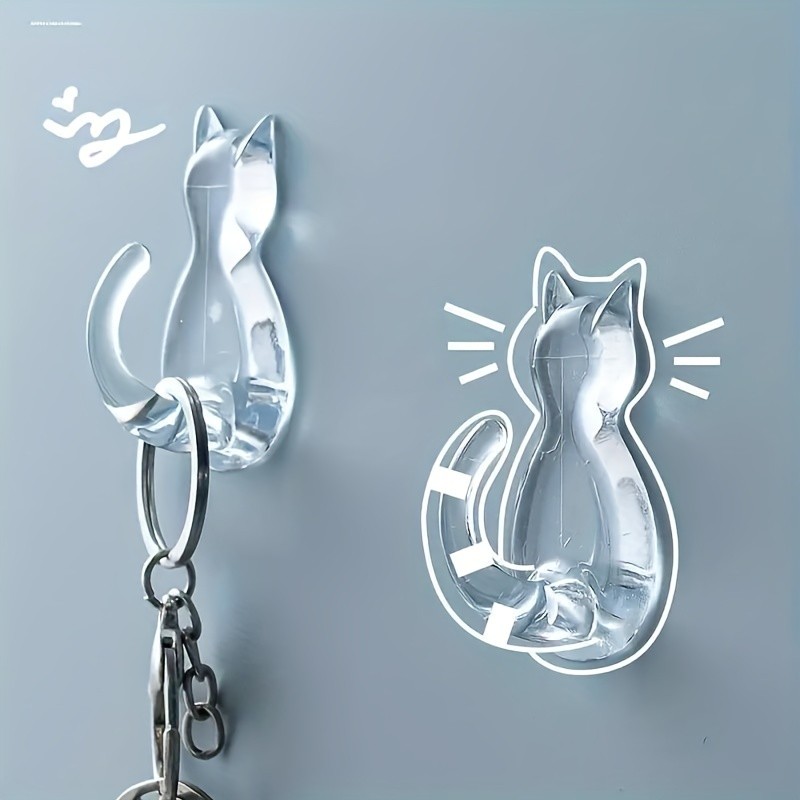 2\u002F10pcs Cat Tail Sticky Hooks Wall Mounted, Cartoon Free Punching Transparent Waterproof Sticky Hooks, Household Space Saving Storage Organizer For Entryway, Bathroom, Bedroom, Home, Dorm
