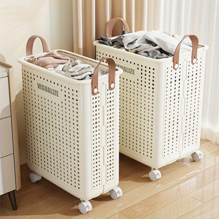 1 Pc Foldable Laundry Basket For Home, Large Capacity Laundry Basket Storage Basket With Wheels For Easy Movement Of Laundry Basket, Balcony Bathroom With Handle Dirty Laundry Basket Baskets, Bins & Containers