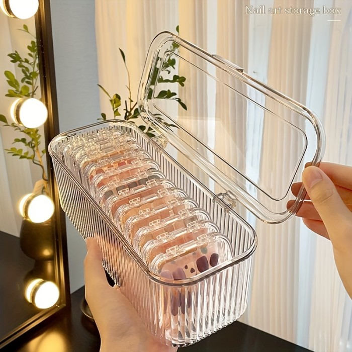 Striped Box\u002FStriped Box + 14pcs Combination Set Nail Storage Box, Acrylic, Dustproof, with Lid, Nail Packaging Box, Special Sealed Box for Handmade Nail Plate Organization, Baskets, Bins & Containers for Home Organization