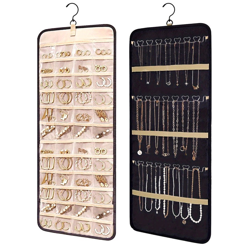 Dual-sided Hanging Jewelry Organizer with 360 degree rotating hanger, for Earring Bracelet Ring Chain with Rotating Hanger