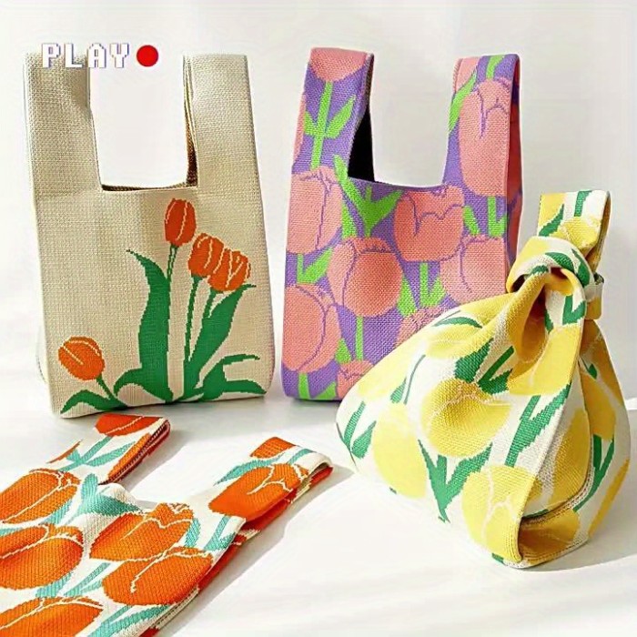 Fashion Floral Pattern Knit Handbag, Lightweight Bucket Bag, Versatile Women's Everyday Bag