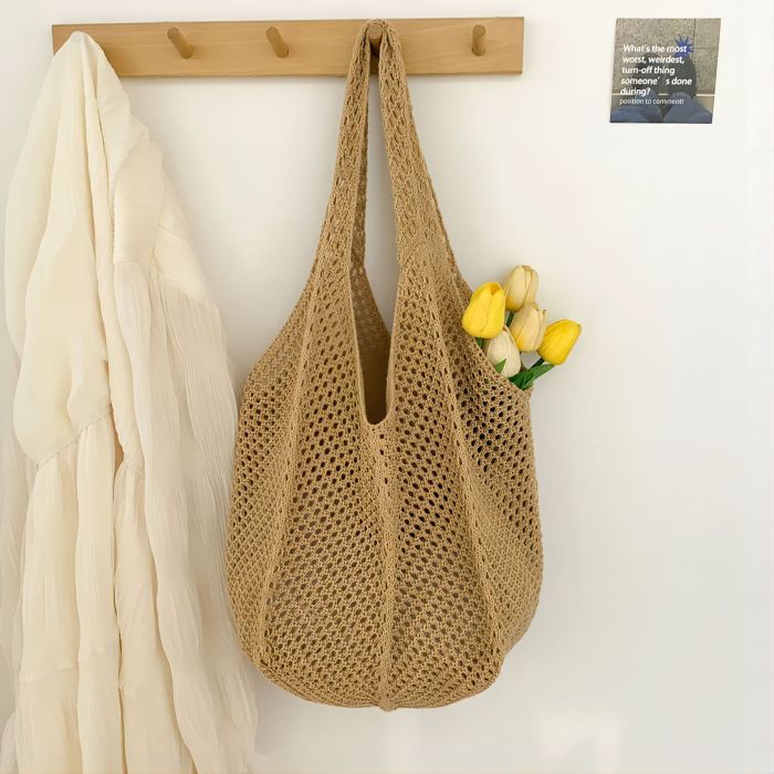 Crochet handbag, fashionable knitted bag, hollow large capacity handbag, casual solid color retro holiday bag, solid color woven shoulder bag