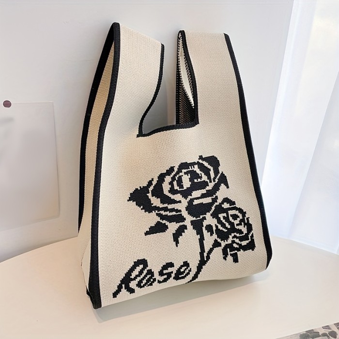 Fashion Floral Pattern Knit Handbag, Lightweight Bucket Bag, Versatile Women's Everyday Bag
