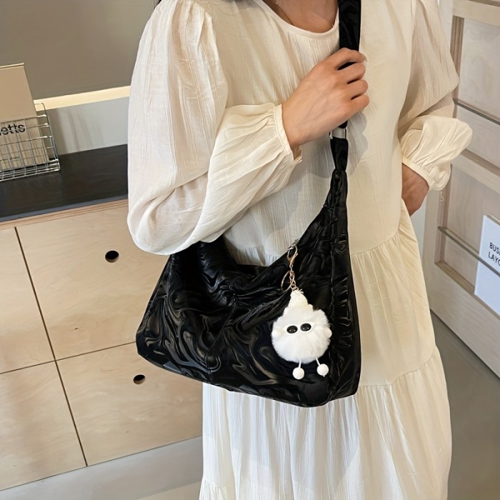 Urban Chic Faux Leather Crossbody Bag with Zipper Closure and Polycotton Lining - Solid Color, Fashionable Large Capacity Shoulder Handbag with Charm Accessory