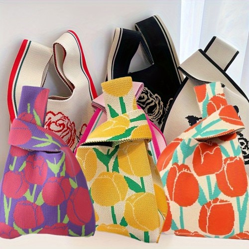 Fashion Floral Pattern Knit Handbag, Lightweight Bucket Bag, Versatile Women's Everyday Bag