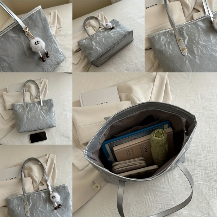 Chic Large Capacity Tote Bag for Women - Fashionable Faux Leather Shoulder & Crossbody Handbag with Cute Charm, Perfect for Shopping & Everyday Use