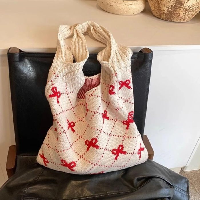 bow handbag, cute crochet handbag, beautiful beach bag, cute shoulder handbag, large capacity crochet grocery bag, crochet bag bow bag, beach mesh knit bag, boho bag