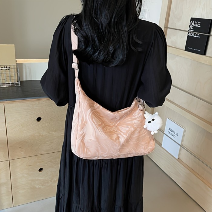 Urban Chic Faux Leather Crossbody Bag with Zipper Closure and Polycotton Lining - Solid Color, Fashionable Large Capacity Shoulder Handbag with Charm Accessory
