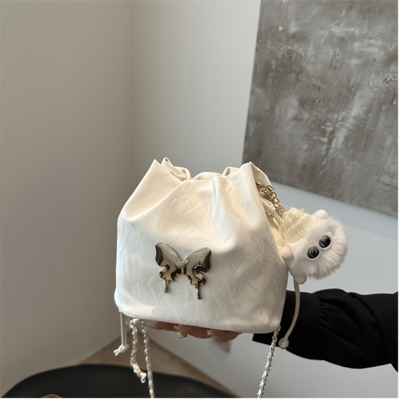 Elegant Chic Bucket Crossbody Bag with Soft Velvet Touch, Large Capacity & Plush Pendant - Butterfly Metal Accent, Drawstring Closure, Adjustable Strap for Women - Perfect for Parties, Travel & Everyday Use