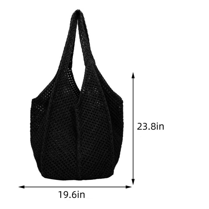 Crochet handbag, fashionable knitted bag, hollow large capacity handbag, casual solid color retro holiday bag, solid color woven shoulder bag