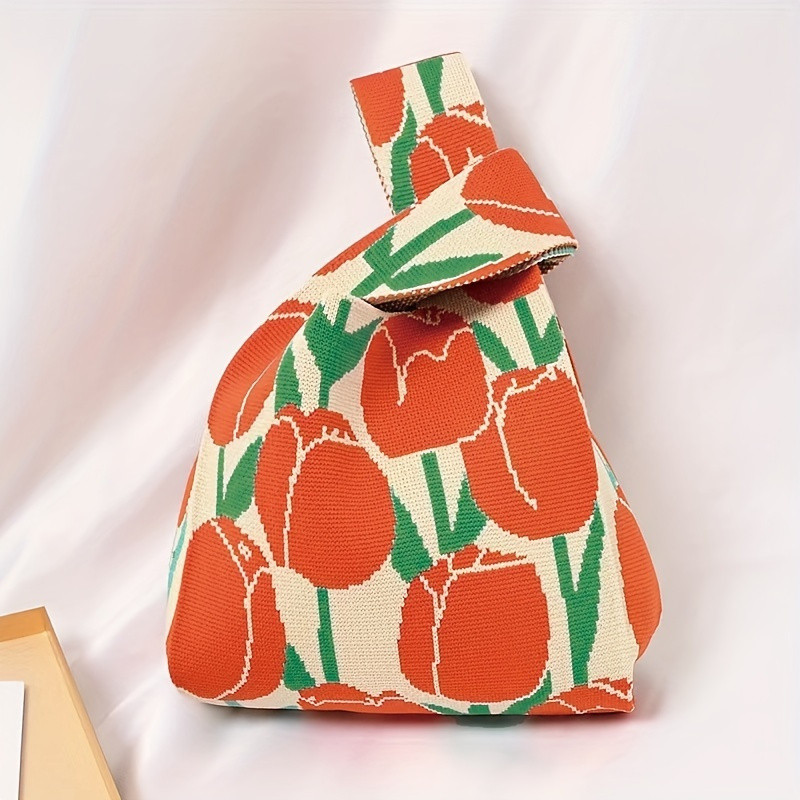 Fashion Floral Pattern Knit Handbag, Lightweight Bucket Bag, Versatile Women's Everyday Bag