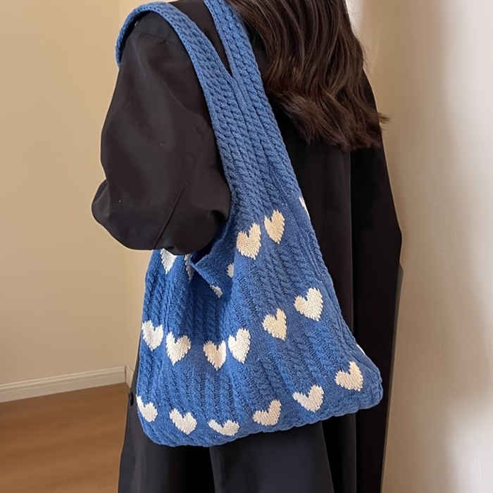 Women's knitted handbags, crochet shoulder bags, heart pattern handbags, beautiful daily knitted bags, sweet knitted shoulder bags